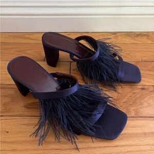 STAUD Navy Feather-Trim Block Heel Mules